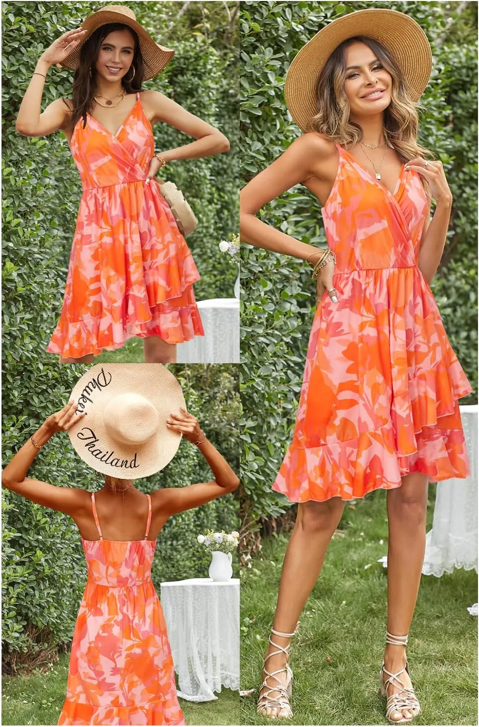 Newshows Womens Summer Dress 2024 Spring Sundresses Floral Flowy Casual Beach Vacation Wrap V Neck Spaghetti Strap Dresses