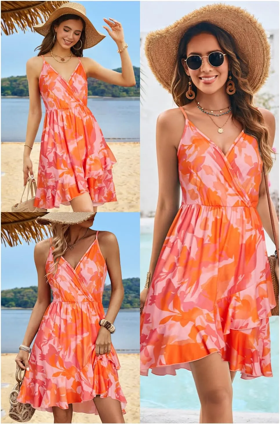 Newshows Womens Summer Dress 2024 Spring Sundresses Floral Flowy Casual Beach Vacation Wrap V Neck Spaghetti Strap Dresses