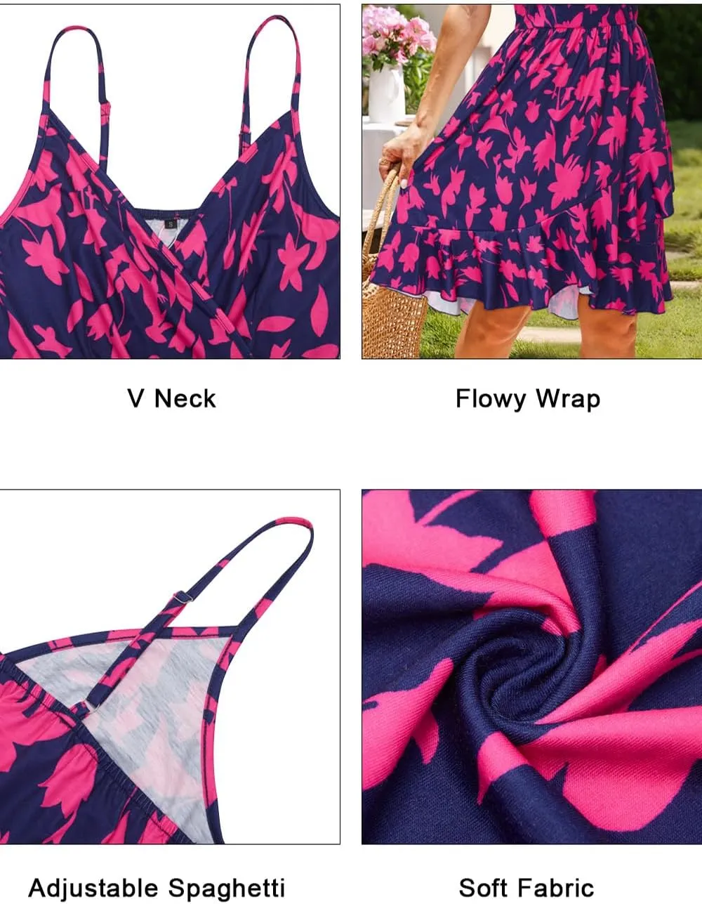 Newshows Womens Summer Dress 2024 Spring Sundresses Floral Flowy Casual Beach Vacation Wrap V Neck Spaghetti Strap Dresses