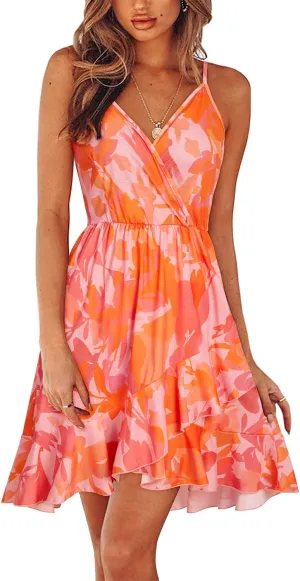 Newshows Womens Summer Dress 2024 Spring Sundresses Floral Flowy Casual Beach Vacation Wrap V Neck Spaghetti Strap Dresses