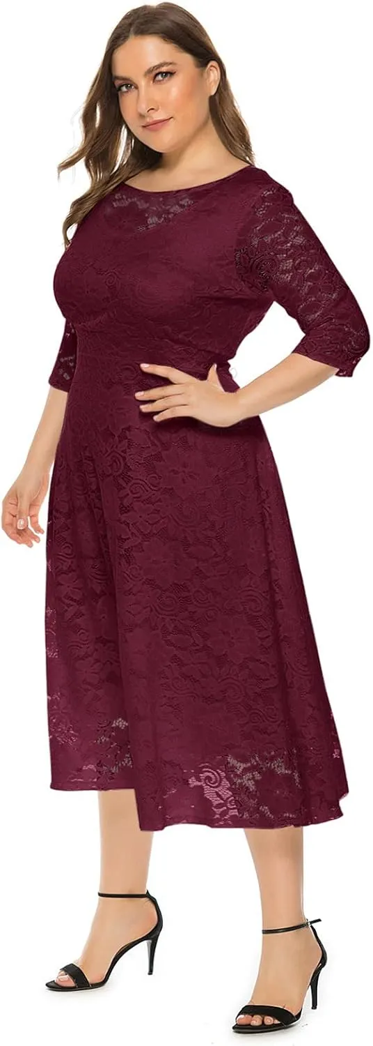 OBEEII Plus Size Lace Dresses for Wedding Guest Bridal Shower Cocktail Formal Round Neck 3/4 Sleeve Midi Dresses