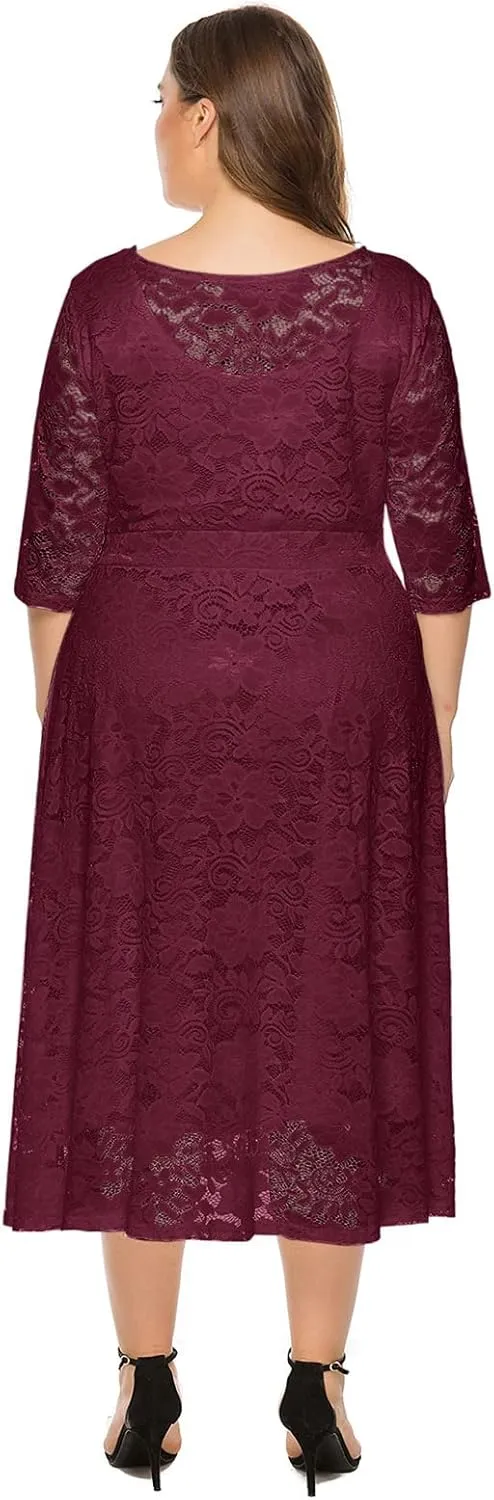 OBEEII Plus Size Lace Dresses for Wedding Guest Bridal Shower Cocktail Formal Round Neck 3/4 Sleeve Midi Dresses
