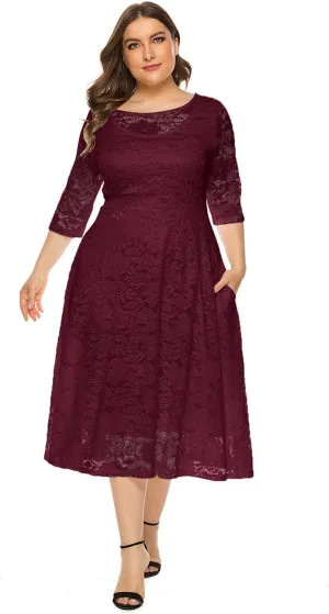 OBEEII Plus Size Lace Dresses for Wedding Guest Bridal Shower Cocktail Formal Round Neck 3/4 Sleeve Midi Dresses