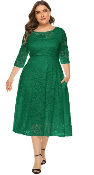 OBEEII Plus Size Lace Dresses for Wedding Guest Bridal Shower Cocktail Formal Round Neck 3/4 Sleeve Midi Dresses