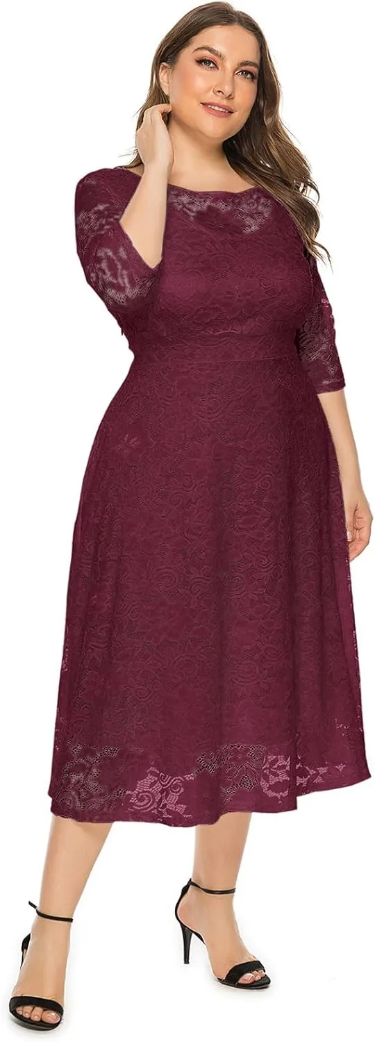 OBEEII Plus Size Lace Dresses for Wedding Guest Bridal Shower Cocktail Formal Round Neck 3/4 Sleeve Midi Dresses