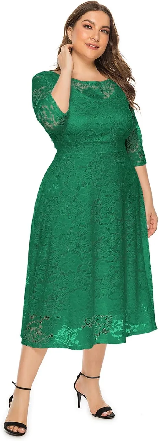 OBEEII Plus Size Lace Dresses for Wedding Guest Bridal Shower Cocktail Formal Round Neck 3/4 Sleeve Midi Dresses