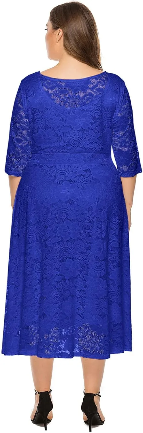 OBEEII Plus Size Lace Dresses for Wedding Guest Bridal Shower Cocktail Formal Round Neck 3/4 Sleeve Midi Dresses