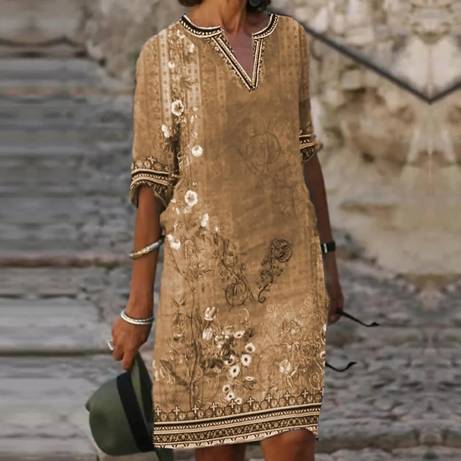 OIOLOYJM Plus Size Summer Dresses for Women 2025 Plus Size Dresses for Curvy Women 3/4 Sleeve Casual Boho Kaftan Dresses