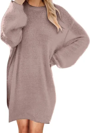 Oversize Plush Midi Dress for Womens Casual Loose Warm Dresses Crew Neck Long Sleeve Solid Color Thick Fleece Dress