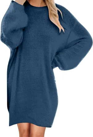 Oversize Plush Midi Dress for Womens Casual Loose Warm Dresses Crew Neck Long Sleeve Solid Color Thick Fleece Dress