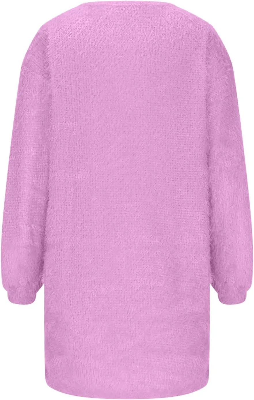 Oversize Plush Midi Dress for Womens Casual Loose Warm Dresses Crew Neck Long Sleeve Solid Color Thick Fleece Dress