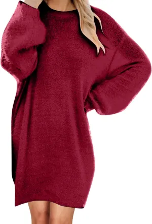 Oversize Plush Midi Dress for Womens Casual Loose Warm Dresses Crew Neck Long Sleeve Solid Color Thick Fleece Dress