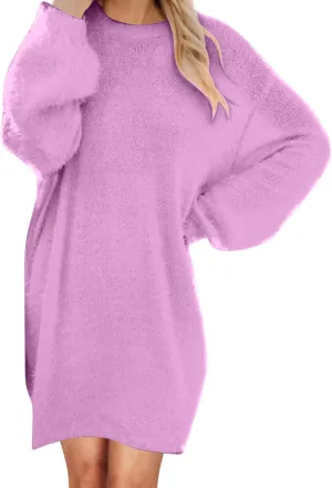 Oversize Plush Midi Dress for Womens Casual Loose Warm Dresses Crew Neck Long Sleeve Solid Color Thick Fleece Dress