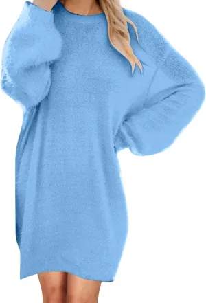 Oversize Plush Midi Dress for Womens Casual Loose Warm Dresses Crew Neck Long Sleeve Solid Color Thick Fleece Dress