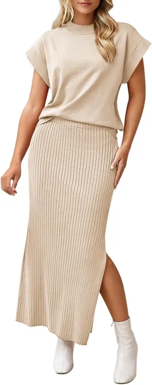 Pink Queen Women's 2 Piece Sweater Outfits Set Summer Cap Sleeve Tops Bodycon Maxi Long Skirt Knit Dresses