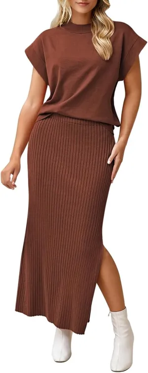 Pink Queen Women's 2 Piece Sweater Outfits Set Summer Cap Sleeve Tops Bodycon Maxi Long Skirt Knit Dresses