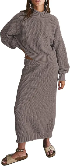 Pink Queen Women's 2 Piece Sweater Set Outfits Long Sleeve Oversized Top Bodycon Maxi Long Skirt Knit Dresses