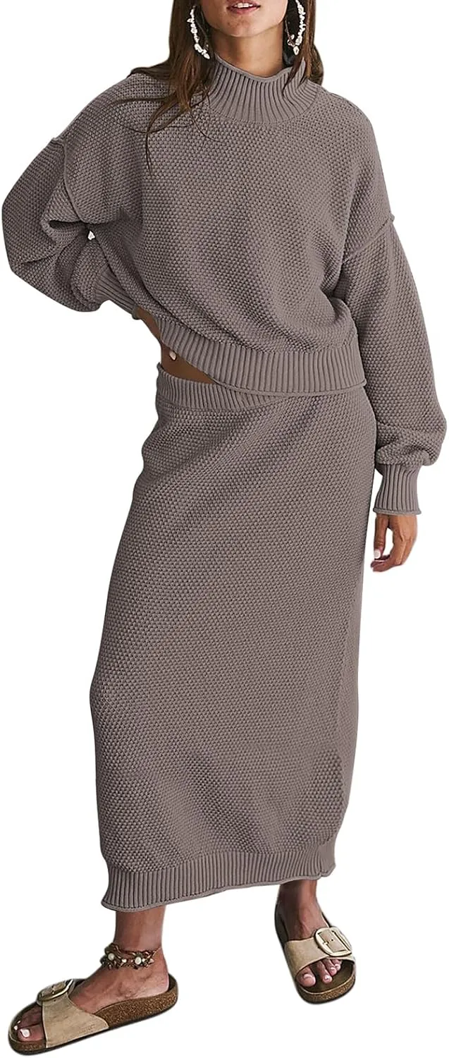 Pink Queen Women's 2 Piece Sweater Set Outfits Long Sleeve Oversized Top Bodycon Maxi Long Skirt Knit Dresses