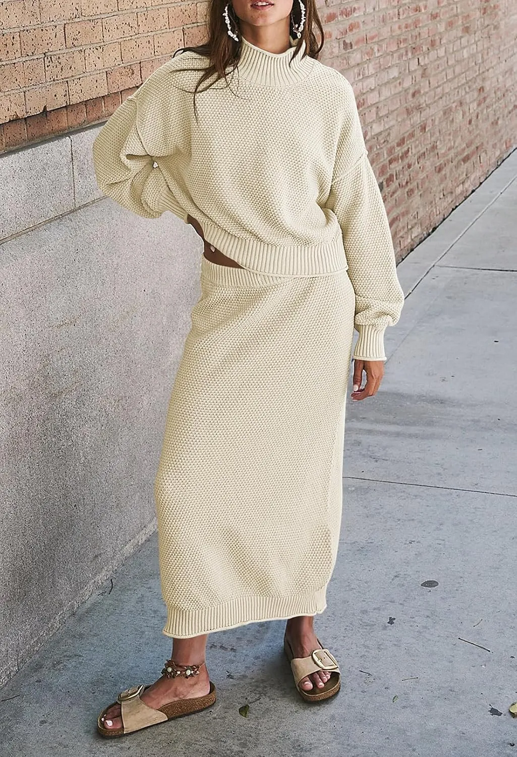 Pink Queen Women's 2 Piece Sweater Set Outfits Long Sleeve Oversized Top Bodycon Maxi Long Skirt Knit Dresses