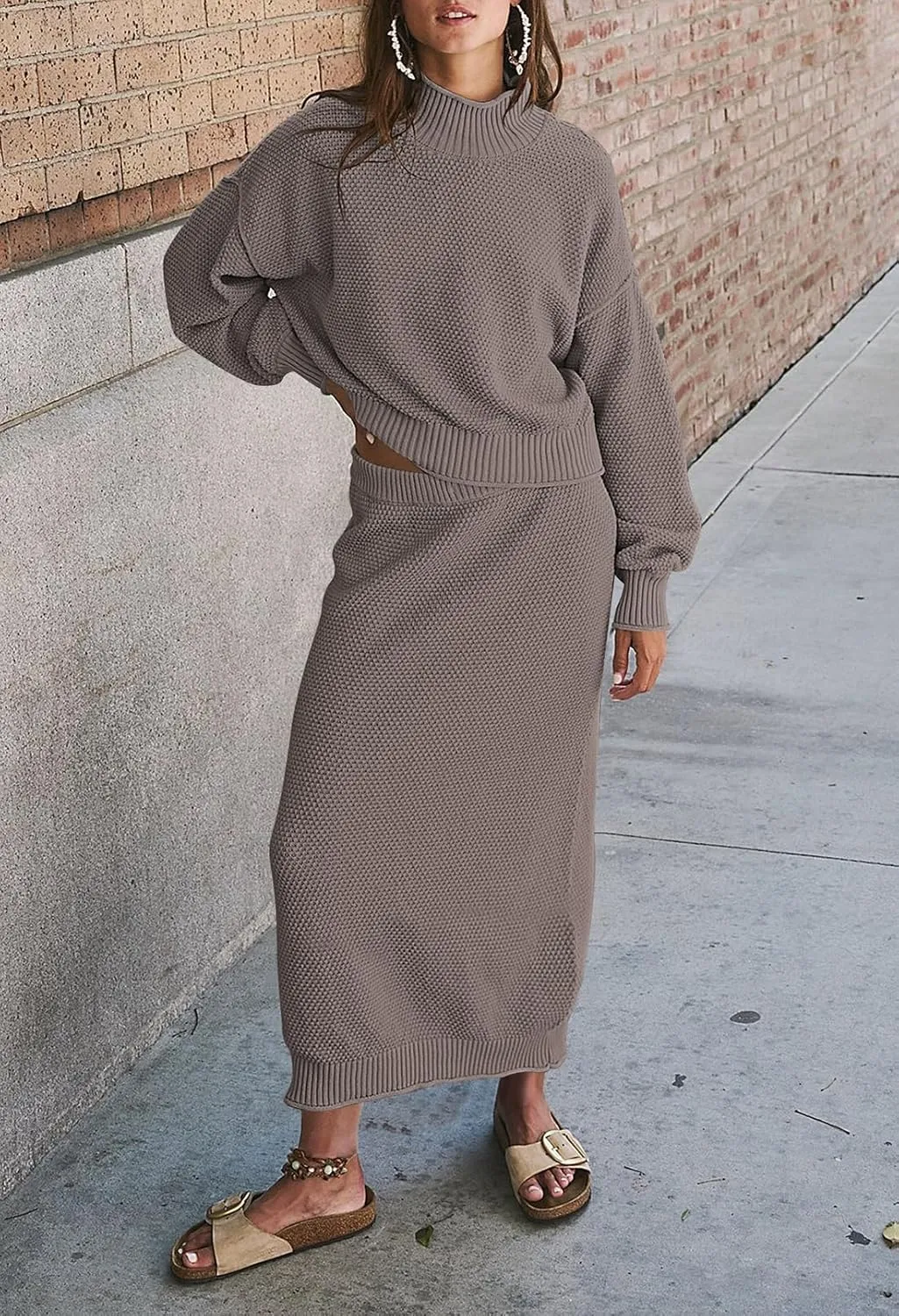 Pink Queen Women's 2 Piece Sweater Set Outfits Long Sleeve Oversized Top Bodycon Maxi Long Skirt Knit Dresses