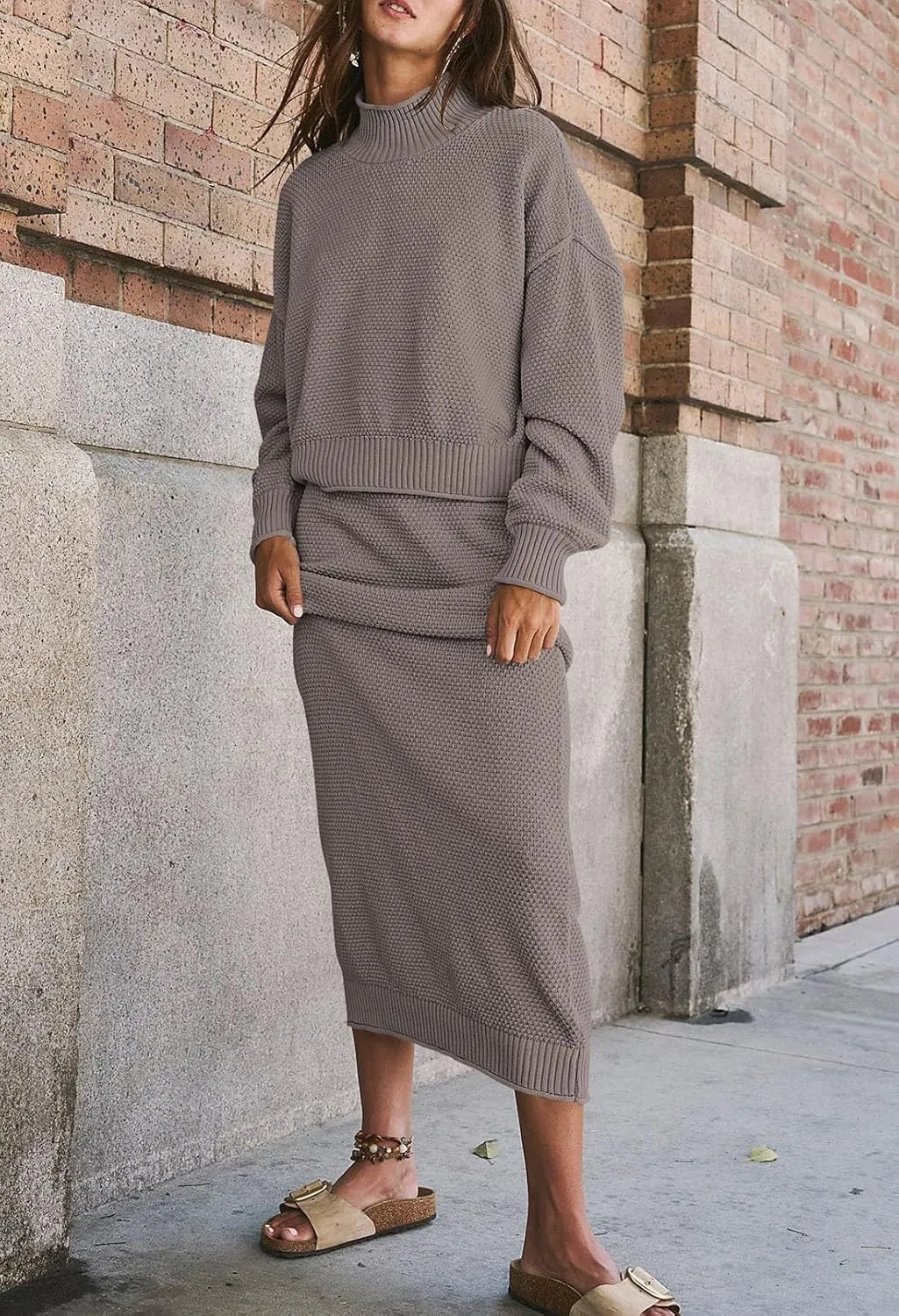 Pink Queen Women's 2 Piece Sweater Set Outfits Long Sleeve Oversized Top Bodycon Maxi Long Skirt Knit Dresses