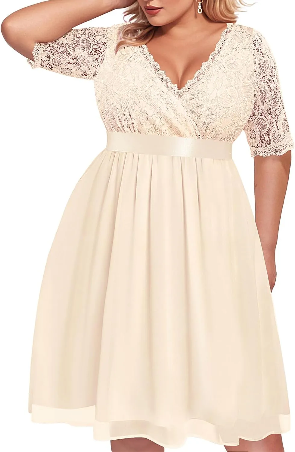 Pinup Fashion Plus Size Lace Chiffon Wrap V Neck Dresses Women Cocktail Wedding Guest Midi Dress