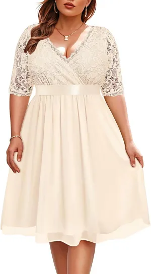 Pinup Fashion Plus Size Lace Chiffon Wrap V Neck Dresses Women Cocktail Wedding Guest Midi Dress