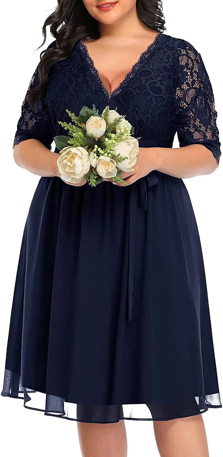 Pinup Fashion Plus Size Lace Chiffon Wrap V Neck Dresses Women Cocktail Wedding Guest Midi Dress