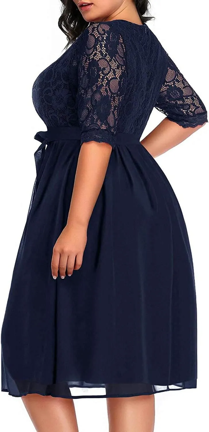 Pinup Fashion Plus Size Lace Chiffon Wrap V Neck Dresses Women Cocktail Wedding Guest Midi Dress
