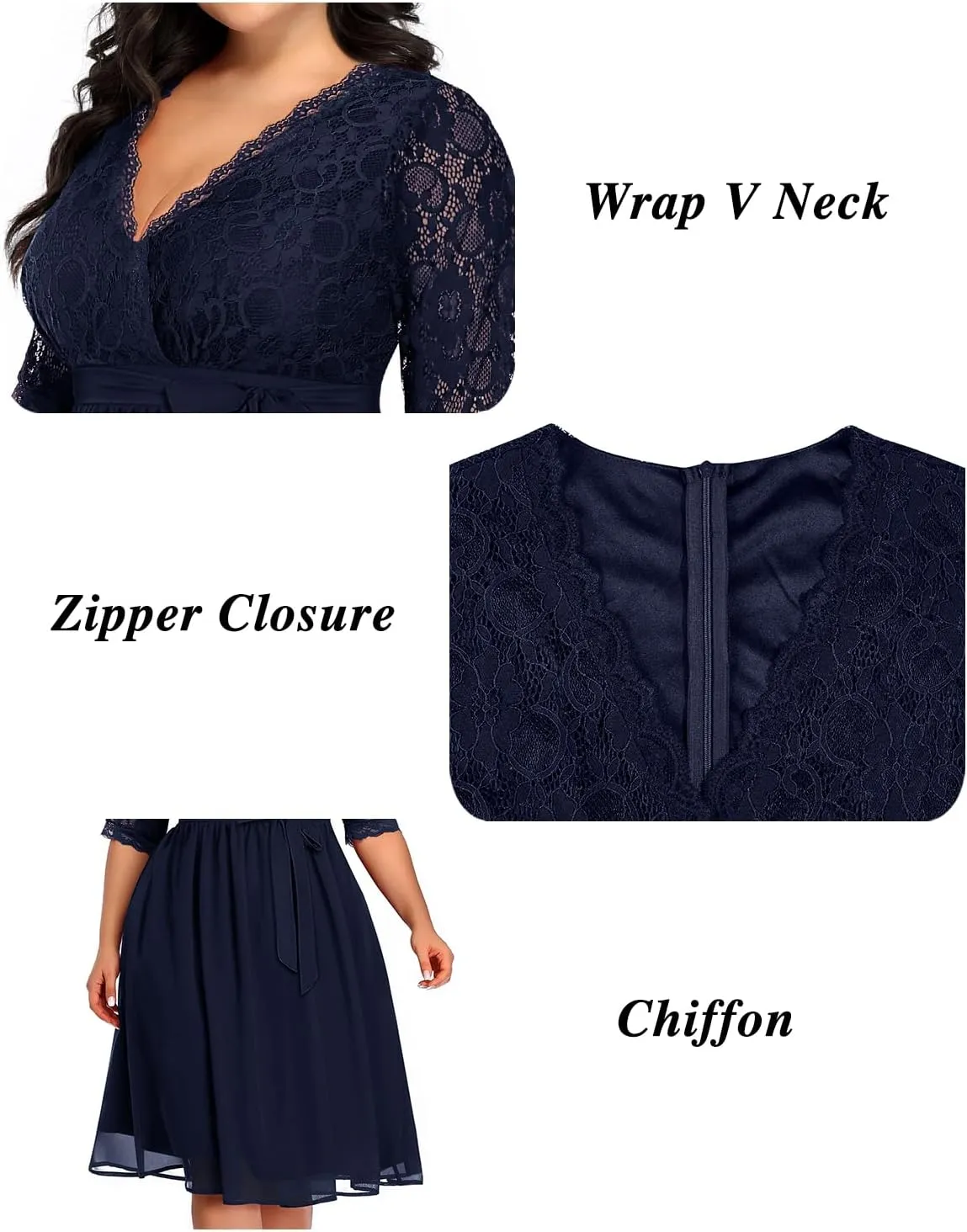 Pinup Fashion Plus Size Lace Chiffon Wrap V Neck Dresses Women Cocktail Wedding Guest Midi Dress