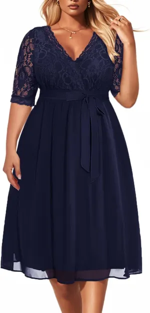 Pinup Fashion Plus Size Lace Chiffon Wrap V Neck Dresses Women Cocktail Wedding Guest Midi Dress