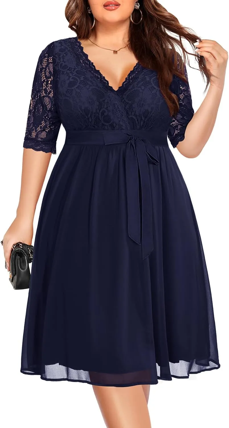 Pinup Fashion Plus Size Lace Chiffon Wrap V Neck Dresses Women Cocktail Wedding Guest Midi Dress