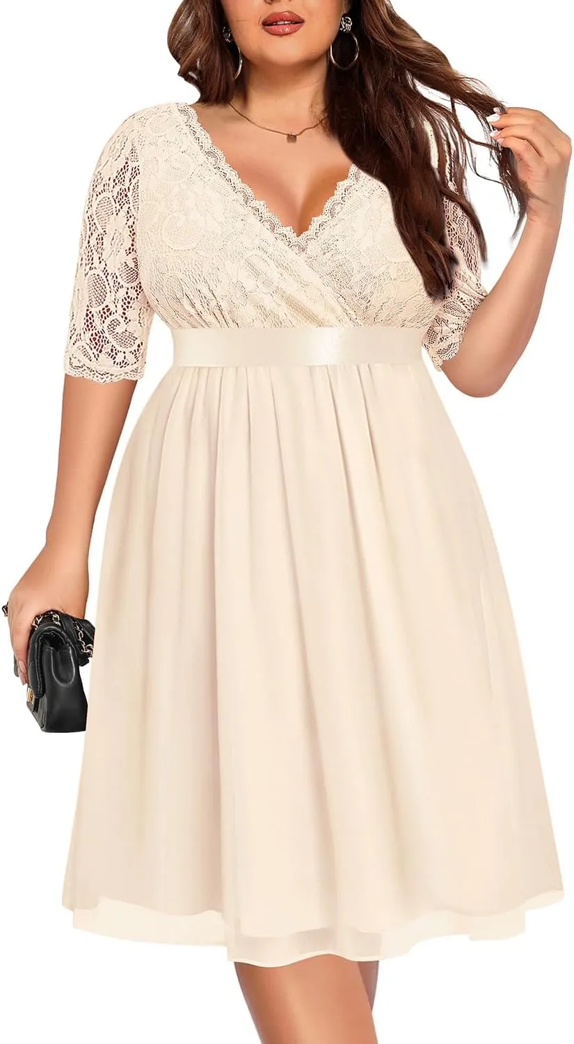 Pinup Fashion Plus Size Lace Chiffon Wrap V Neck Dresses Women Cocktail Wedding Guest Midi Dress