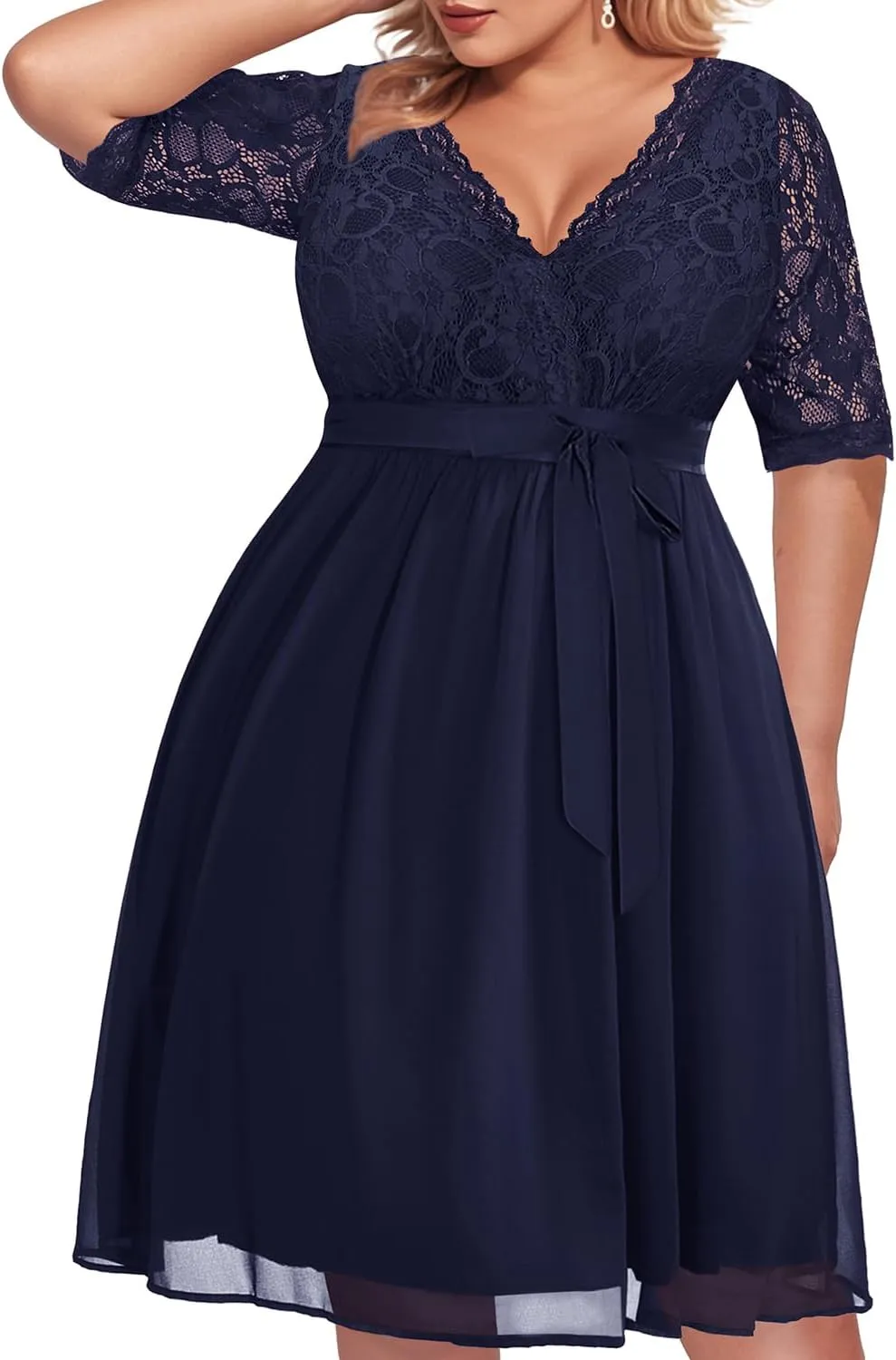 Pinup Fashion Plus Size Lace Chiffon Wrap V Neck Dresses Women Cocktail Wedding Guest Midi Dress