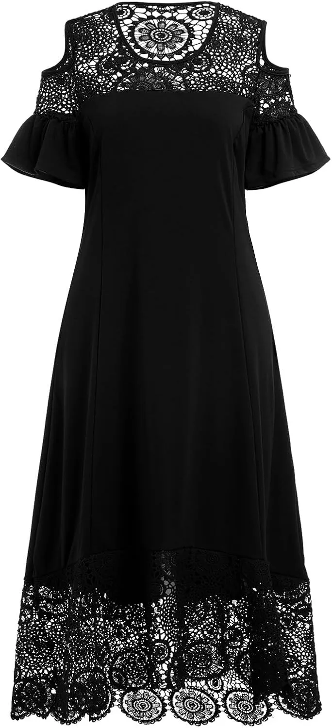 Plus Size Cocktail Dress for Curvy Women Floral Lace Off-Shoulder Ruffle Midi Party Dresses