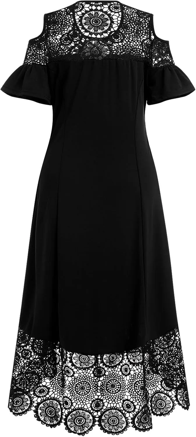 Plus Size Cocktail Dress for Curvy Women Floral Lace Off-Shoulder Ruffle Midi Party Dresses