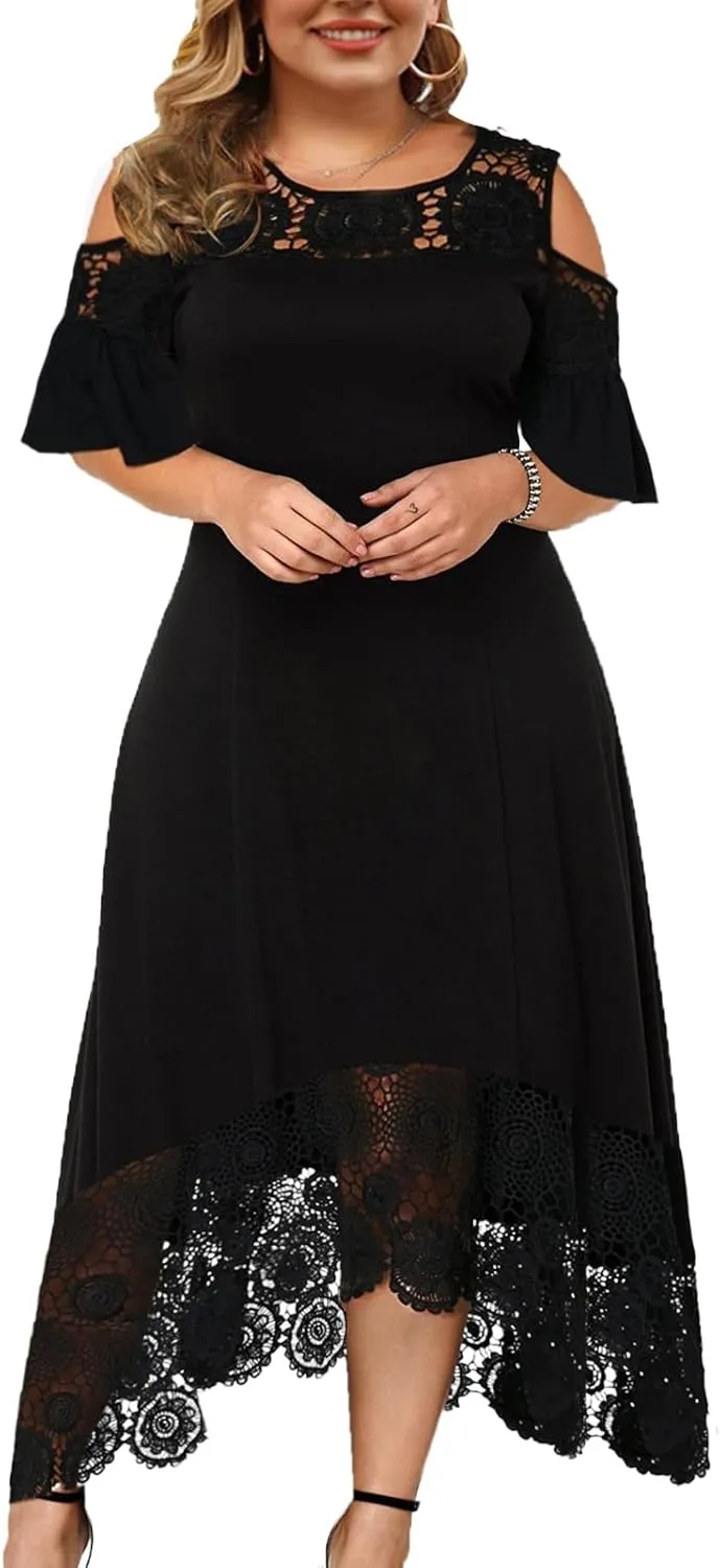 Plus Size Cocktail Dress for Curvy Women Floral Lace Off-Shoulder Ruffle Midi Party Dresses