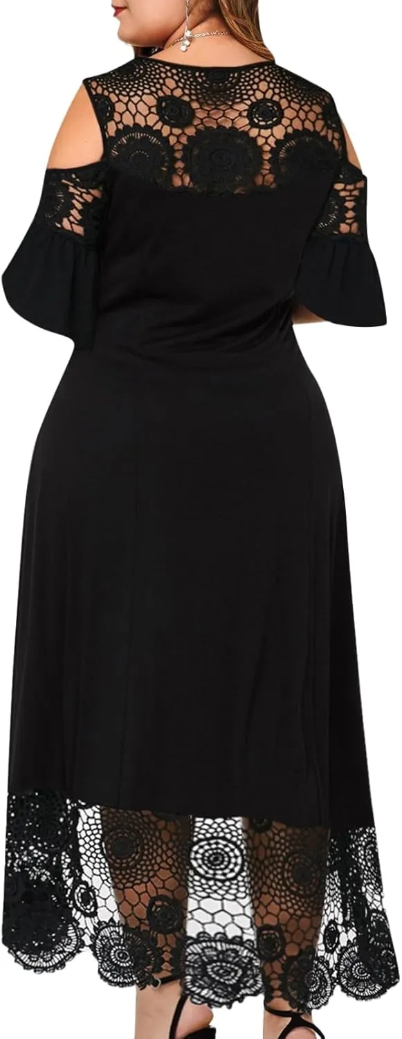 Plus Size Cocktail Dress for Curvy Women Floral Lace Off-Shoulder Ruffle Midi Party Dresses