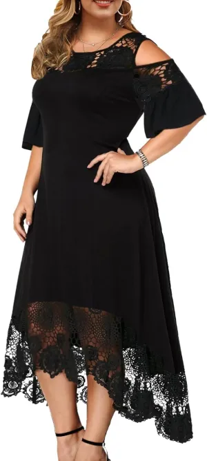 Plus Size Cocktail Dress for Curvy Women Floral Lace Off-Shoulder Ruffle Midi Party Dresses