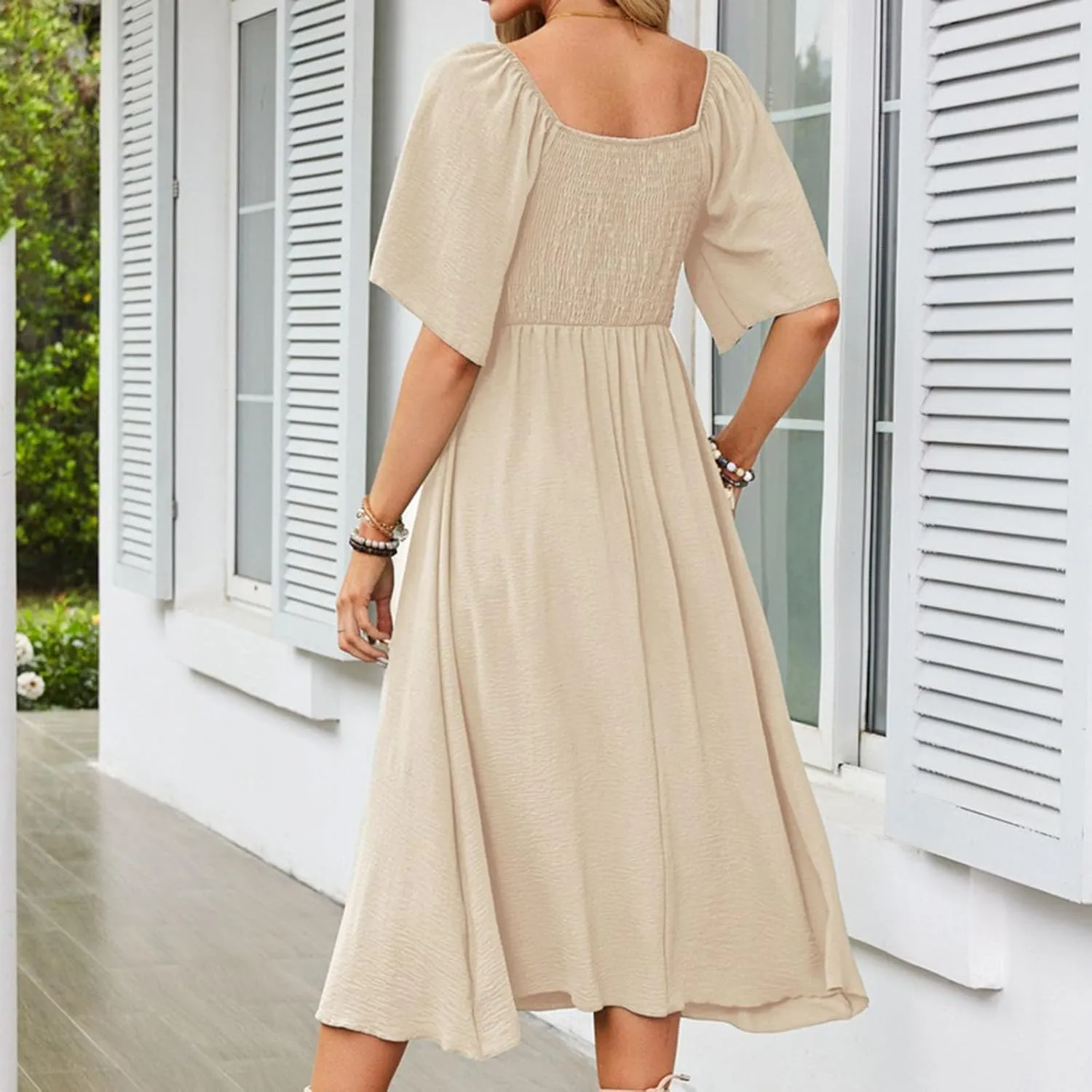 Plus Size Dresses for Curvy Women Summer Casual Deep V Neck Elegant Bow Tie Ruffle Sleeves Flowy A-Line Midi Dress