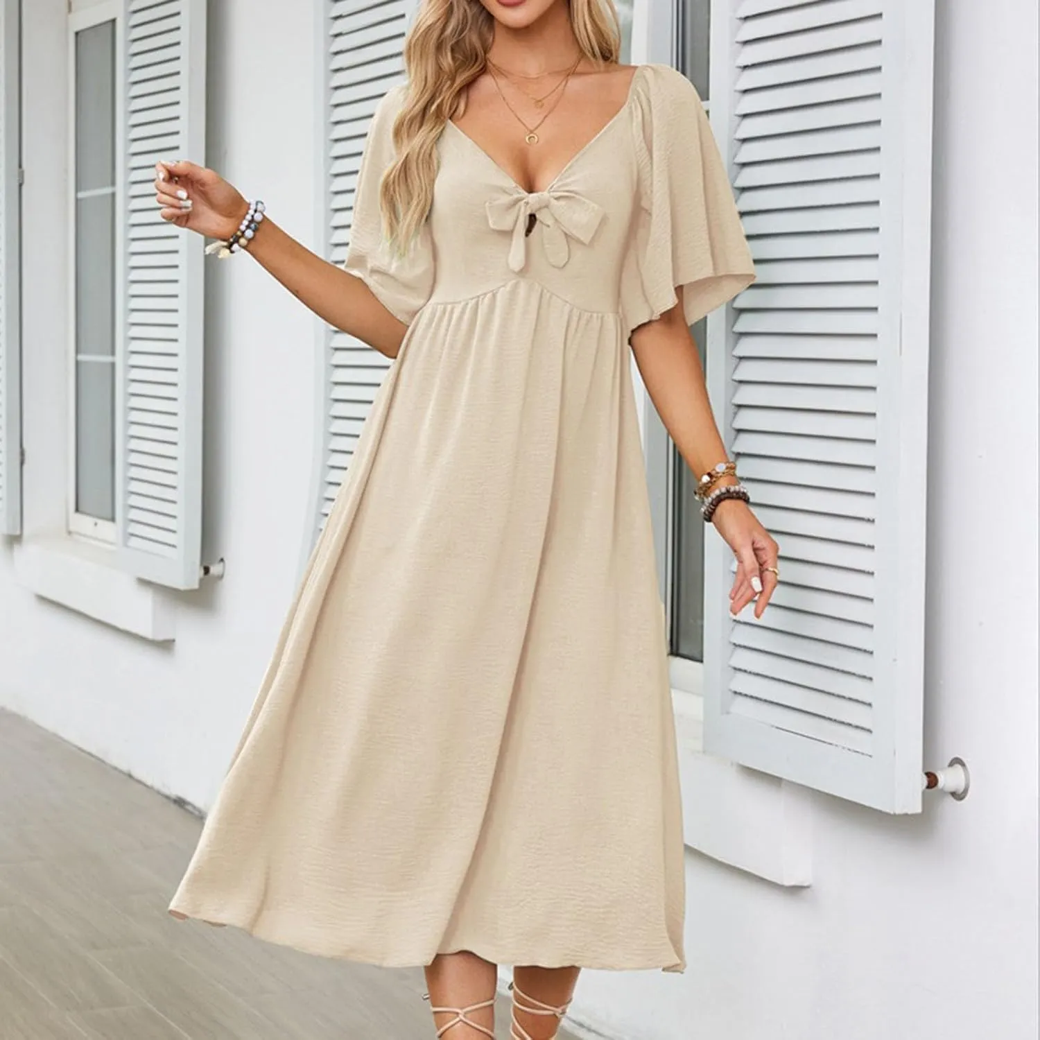 Plus Size Dresses for Curvy Women Summer Casual Deep V Neck Elegant Bow Tie Ruffle Sleeves Flowy A-Line Midi Dress