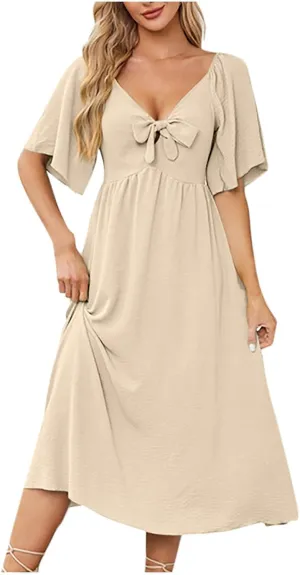 Plus Size Dresses for Curvy Women Summer Casual Deep V Neck Elegant Bow Tie Ruffle Sleeves Flowy A-Line Midi Dress