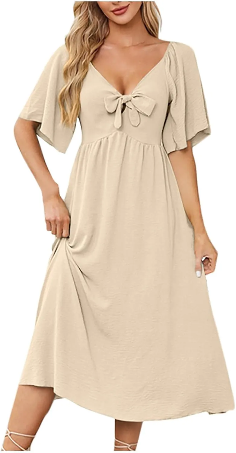 Plus Size Dresses for Curvy Women Summer Casual Deep V Neck Elegant Bow Tie Ruffle Sleeves Flowy A-Line Midi Dress