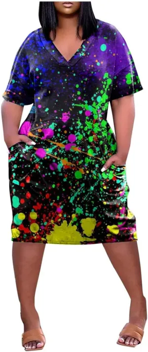 Plus Size Dresses for Curvy Women,2024 Summer Casual V Neck Short Sleeve T Shirt Dress with Pockets Daily Midi Dress