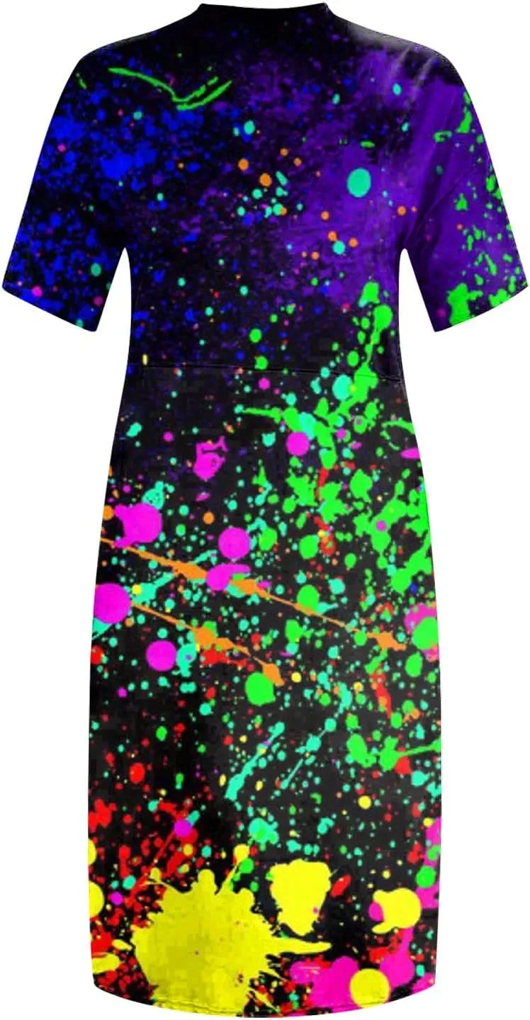 Plus Size Dresses for Curvy Women,2024 Summer Casual V Neck Short Sleeve T Shirt Dress with Pockets Daily Midi Dress