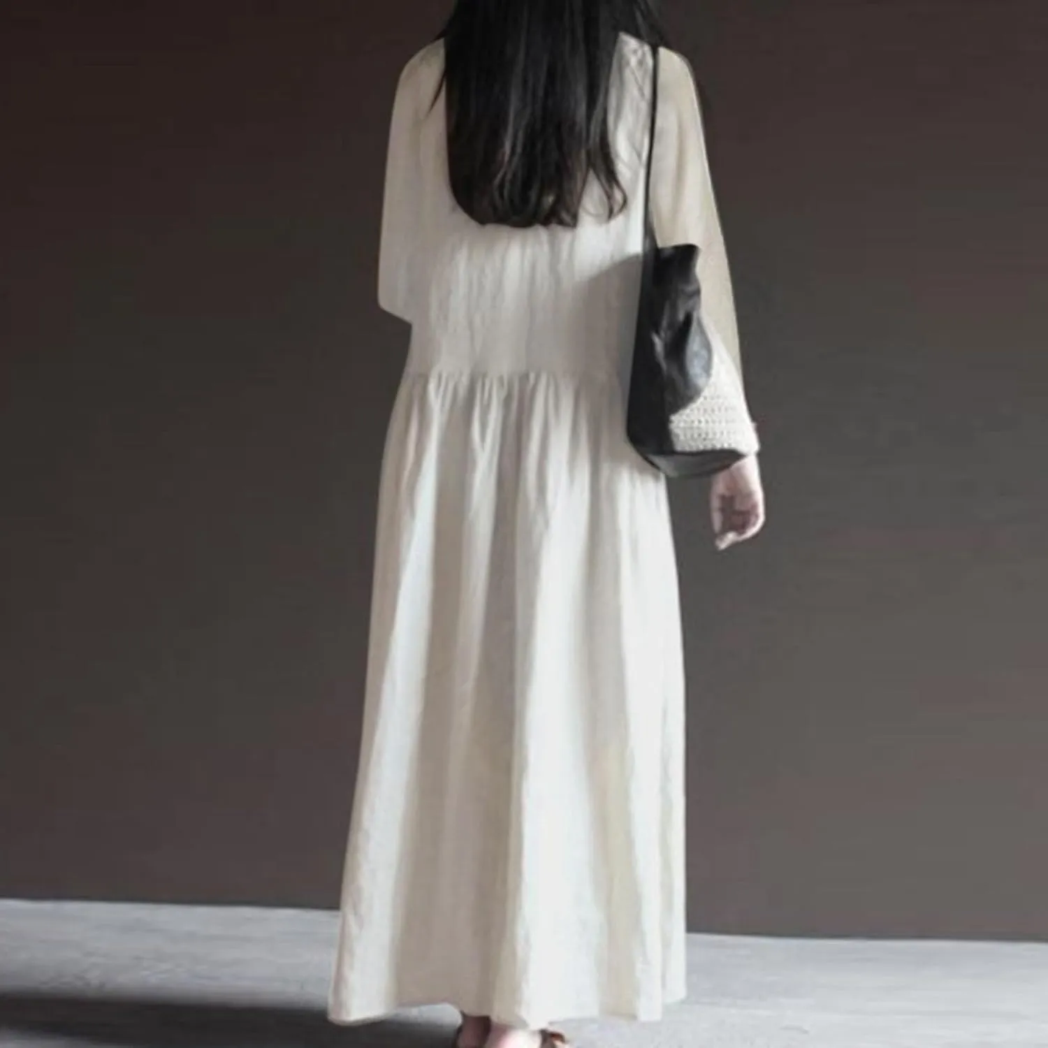 Plus Size Dresses for Women Ladies V Neck Solid Color Cotton and Linen Casual Pocket Long Sleeved Cute Dress