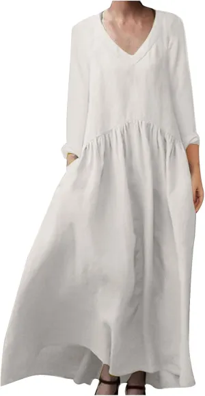 Plus Size Dresses for Women Ladies V Neck Solid Color Cotton and Linen Casual Pocket Long Sleeved Cute Dress