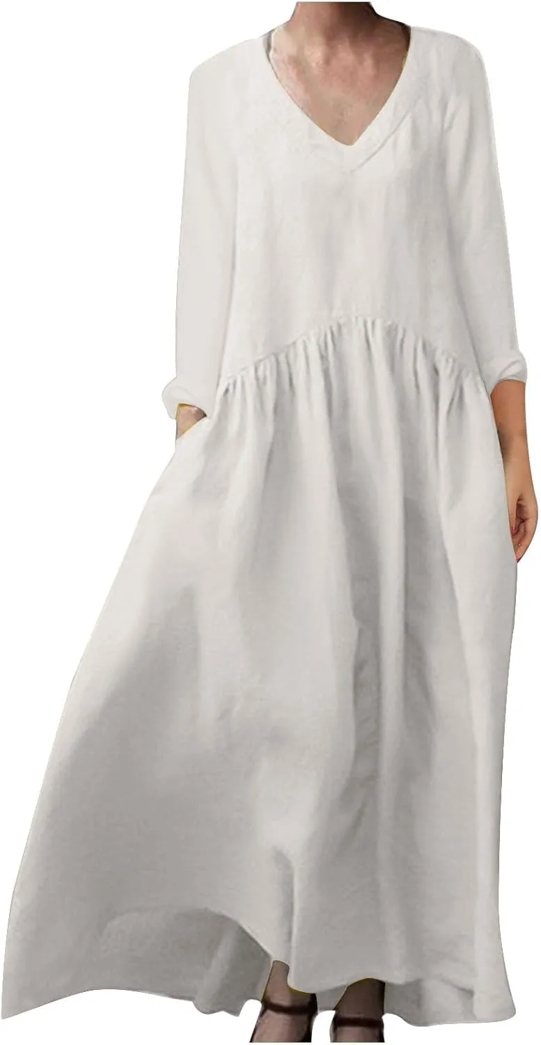 Plus Size Dresses for Women Ladies V Neck Solid Color Cotton and Linen Casual Pocket Long Sleeved Cute Dress