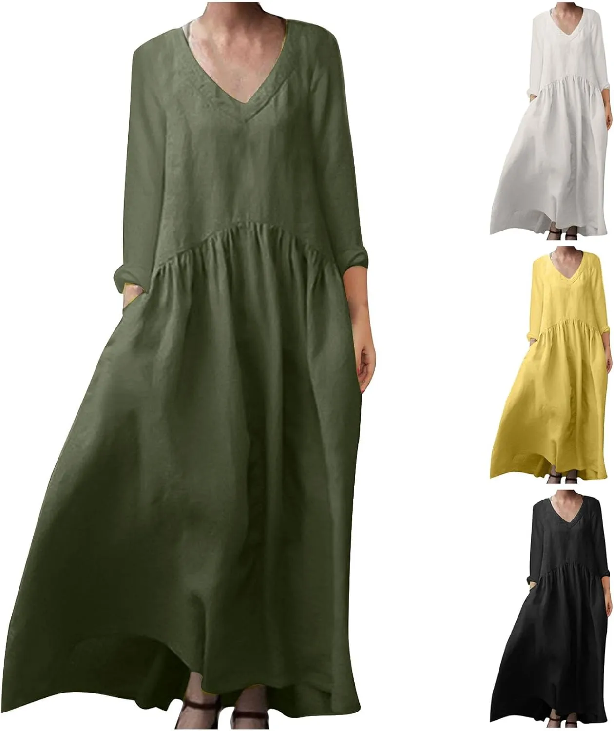 Plus Size Dresses for Women Ladies V Neck Solid Color Cotton and Linen Casual Pocket Long Sleeved Cute Dress