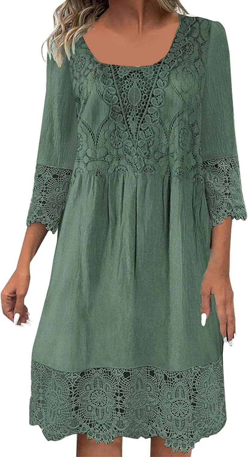 Plus Size Lace Dresses for Womens Fall Dresses Round Neck Midi Dresses Bell Sleeve Short Dress Wedding Guest Dresses